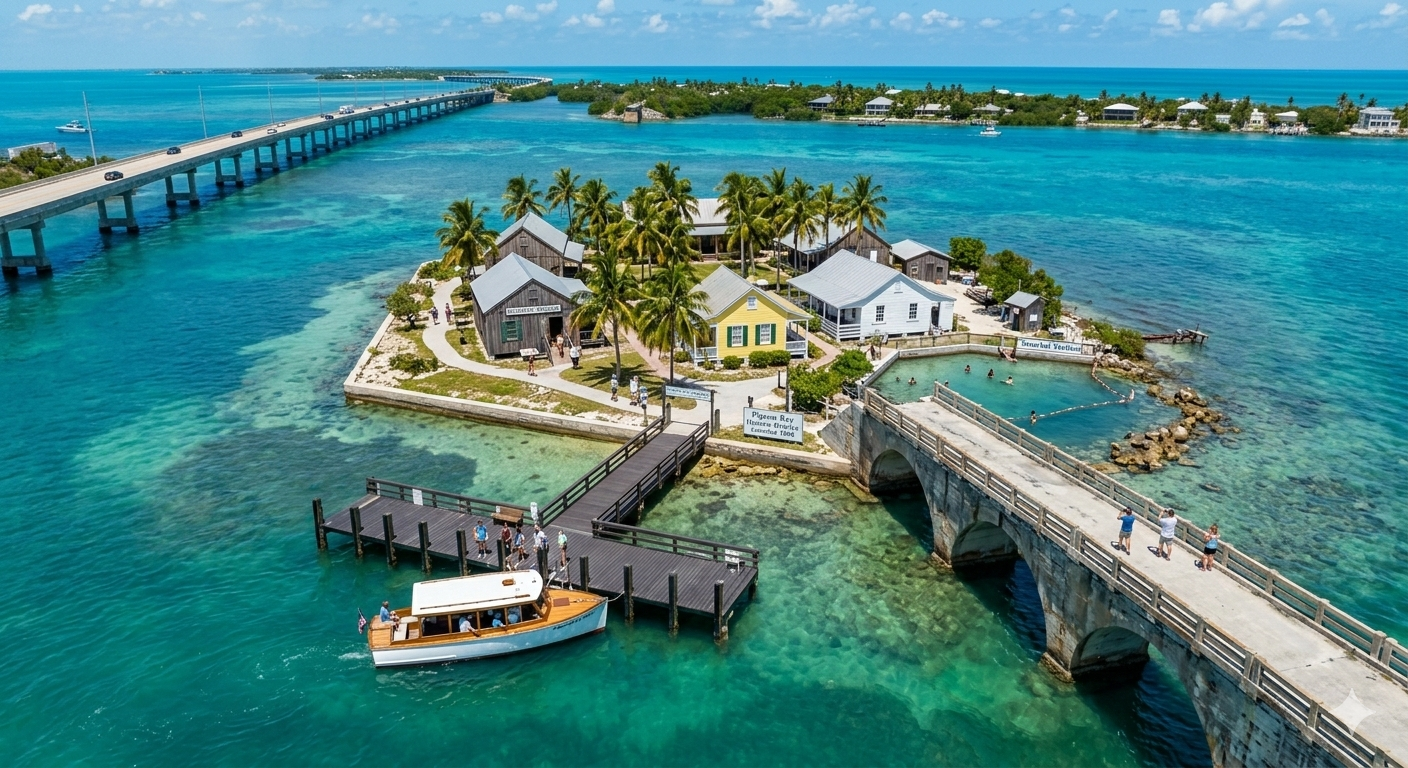 Iconic railroad bridge and Pigeon Key at Old Seven Mile Bridge Marathon FL historic site